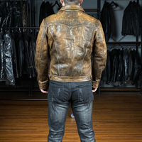 Jaket Kulit Asli Pria Berkualitas Tinggi untuk Pengendara Motor & Biker, Kerah Lipat, Banyak Kantong, Kulit Sapi Vintage yang Dicuci