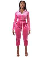 Ensemble BR7083 tendance pour femme en velours avec revers, fermeture éclair latérale, contraste de couleurs, rayures blanches, manches longues et cordon de serrage