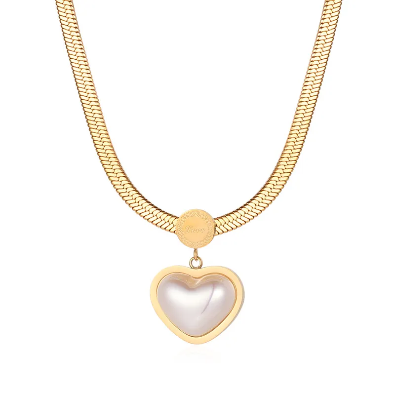 Hot Koop Romantische Flat Snake Chain Liefde Parel Hart Rvs Gouden Ketting Ketting Voor Vriendin