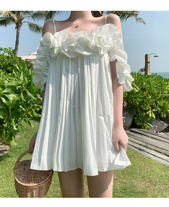 Q1225-robe d'été blanche plissée sans manches, à volants, motifs floraux, tenue pour femmes, vente en gros, nouvelle collection