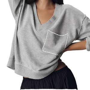 Suéter de Punto Oversize para Mujer con Cuello en V, Bolsillo, Hombros Caídos, Manga Media, Color Gris Sólido, Transpirable, para Otoño - Product Image 1