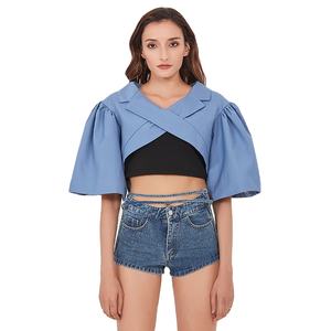 TWOTWINSTYLE <span class=keywords><strong>Blazer</strong></span> Lapelปลอกคอภายในซับพิมพ์<span class=keywords><strong>Cropped</strong></span>ผู้หญิงเซ็กซี่เสื้อพัฟแขนไม่สมมาตร - Product Image 1