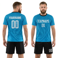 Ensemble de maillots de football unisexes respirants personnalisés sublimés, grande taille, imprimé géométrique bleu sarcelle noir blanc, col rond/col en V, manches courtes