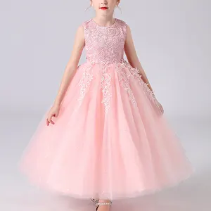 우아한 민소매 꽃 장식 레이스 드레스 소녀 드레스 샴페인 핑크 화이트 스카이 블루 연회 성능 드레스