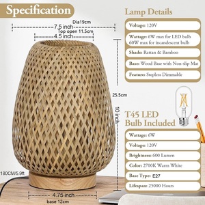 Tre tự nhiên Đèn bàn stepless Dimmable có thể điều chỉnh nhỏ cạnh giường ngủ bàn ánh sáng ban đêm cổ điển wicker gỗ đầu giường - Product Image 5