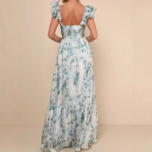 Robe de demoiselle d'honneur à imprimé floral, col en V, manches à volants, longue, verte, en polyester, élégante, pour invitées de mariage - Product Image 4