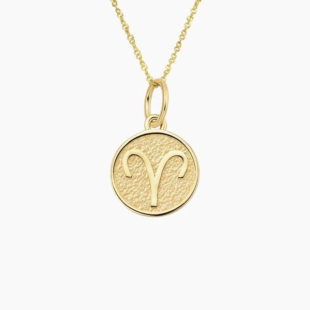 DiamondX Genuine 14K Solid Gold Aries Zodiac Coin Necklace Double Sided Ram Head Aries Symbol Pendant Necklace