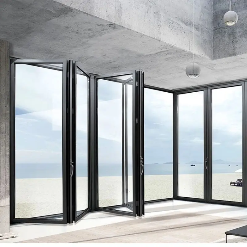 Marco de aluminio exterior personalizado, puertas de patio plegables de vidrio doble, puerta plegable de acordeón para balcón