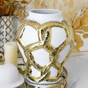 J288GA結婚式のホテルのテーブルのセンターピースのためのヨーロッパの装飾的なヘビジンジャージャー白と金のセラミック花瓶