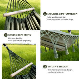 Hamaca de Lona Gruesa con Palo de Madera Maciza Antivuelco, Individual o Doble, para Acampar con Borlas, Color <span class=keywords><strong>Verde</strong></span> - Product Image 6