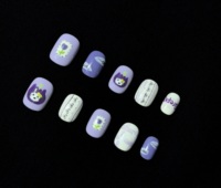 Faux ongles carrés courts à presser, motif chat et rayures écossaises, ornés de tulipes violettes peintes à la main, en gel, faits main, réutilisables, ajustement personnalisé