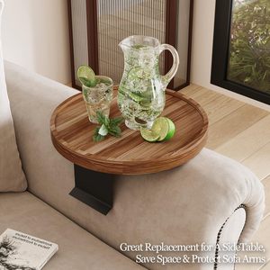 <span class=keywords><strong>Table</strong></span> de canapé en bois d'acacia, plateau de rangement de canapé rond réglable de 11.8 pouces pour le vin, les boissons, les livres et le canapé Trayble pour manger - Product Image 6