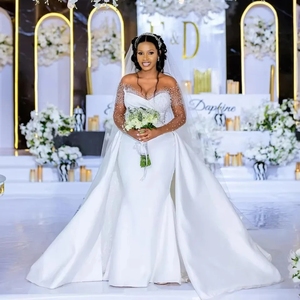 فستان زفاف مخصص بخرز أفريقي للعروس، فساتين زفاف بأكمام طويلة وذيل قابل للفصل، فساتين زفاف ريفية - Product Image 2