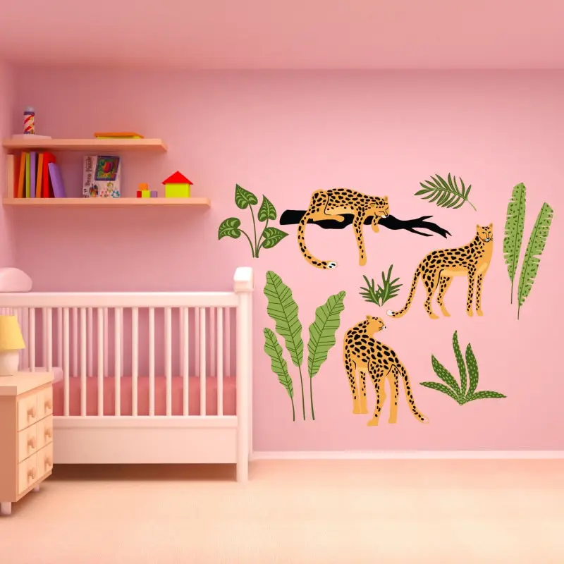 Adhesivo de pared para habitación de bebé de guardería, animal salvaje, planta de leopardo, papel tapiz autoadhesivo, pegatinas de vinilo, decoración de pared