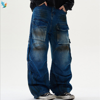 Pantalones vaqueros de trabajo holgados vintage azules de talla grande para hombre, con lavado descolorido, múltiples bolsillos y pierna ancha, tipo cargo.
