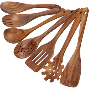 7 Piece Teak Wood <b>Cooking</b> <b>Utensil</b> Set with Spatula Ladle Slotted Spoon and <b>Wooden</b> Turner Eco Friendly Kitchen Tools for Nonstick - Product Image 1