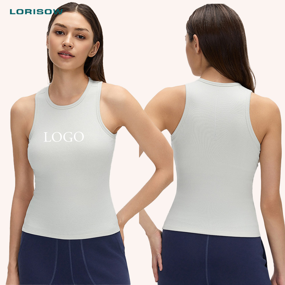 LORISOW Women's Yoga Gym Running Vest Round Neck Soft Tops Custom Logo Ribbed Workout Racer Back Tank Top with Pads