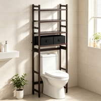 Étagère de rangement premium en bambou foncé pour toilettes, organisateur de salle de bain à 4 niveaux avec paniers, crochets et porte-papier pour rangement de salle de bain