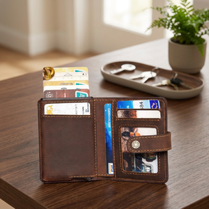 Unisex Vintage Fashion Purse Minimalist <b>RFID</b> <b>Wallet</b> for Credit Card Leather Custom Metal ID Button Closure - Product Image 4