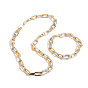 Stainless Steel Two Tone Chain Necklace And <b>Bracelet</b> <b>Set</b> Unisex Fashion Jewelry Gift Geometric Design - Product Image 1