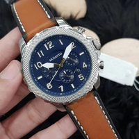 Montre chronographe à quartz pour homme, cadran bleu, chiffres arabes, lunette moletée, bracelet en cuir marron, date, montre sport pour homme