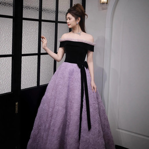 Purple Off The Shoulder Ball Gown Velvet Empire Waist Plus Size Evening Dress For Birthday Party Bride Art Exam Performance - Product Image 1
