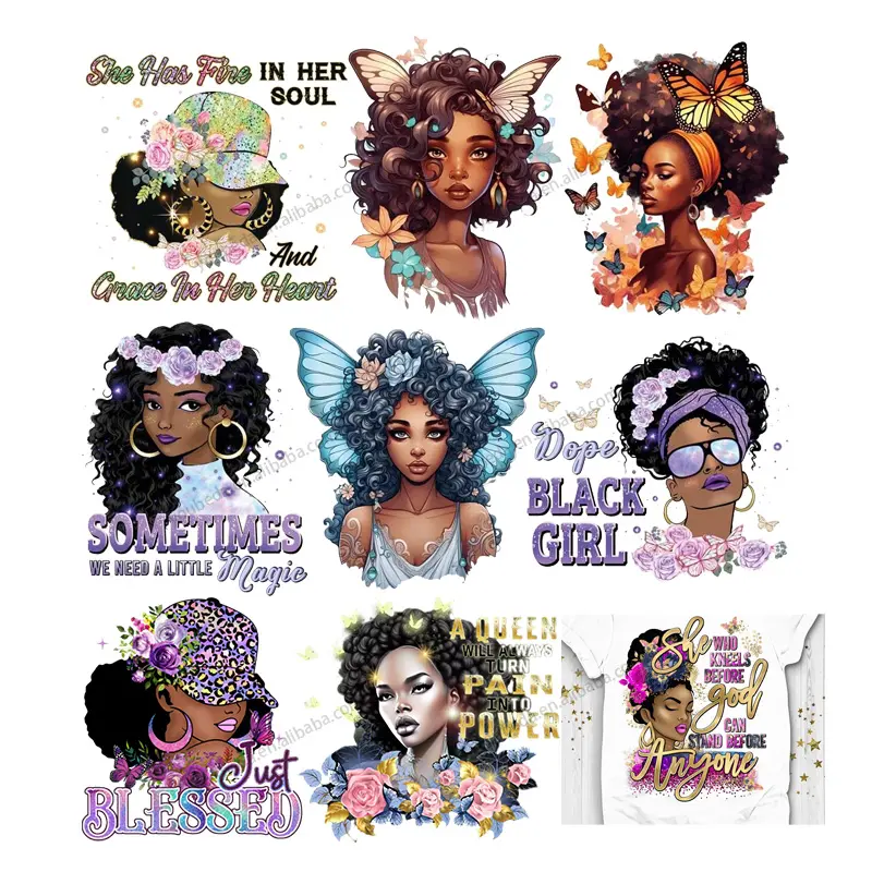 Logo de marque personnalisé reine noire belles femmes afro mélanine fille dtf palstisol transferts autocollants pour vêtements