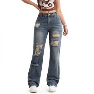 Jean droit déchiré taille haute pour femme, coupe ample, style streetwear, en denim vieilli, vente en gros, impression de logo personnalisée - Product Image 4