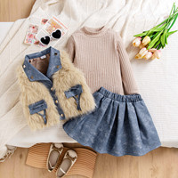 Nouveauté : Ensemble de vêtements pour filles en trois pièces, style princesse, veste en fausse fourrure, pull en tricot, jupe en jean, automne-hiver