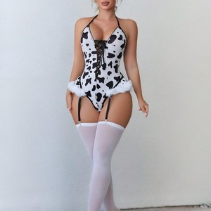 Lencería Sexy de Vaca para Disfraz de Sirvienta, Uniforme de Cosplay Atractivo y Coqueto, Lencería de Peluche para Fiestas, con Medias, Superventas - Product Image 3