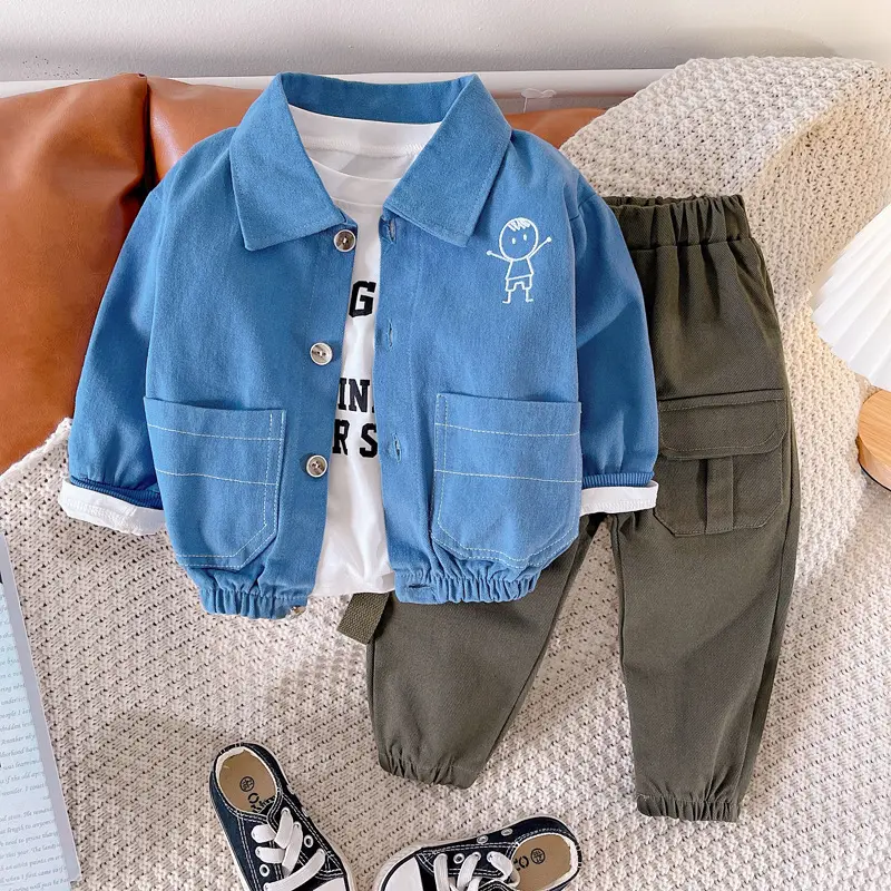 Sunny Baby nuovo produttore vende direttamente ragazzi autunno abbigliamento per bambini giacca e tuta in Denim Set 3 pezzi