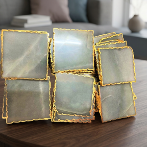 Vente en gros de sous-verres de tasses à thé en jade vert bord doré tranches de pierre d'agate pierres précieuses naturelles Reiki cristal artisanat roches d'œufs minéraux - Product Image 3