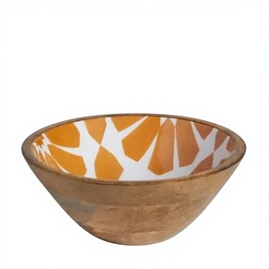 Tazón de madera de mango hecho a mano con interior geométrico esmaltado en naranja y blanco, diseño moderno para servir comida, decoración del hogar. - Product Image 1