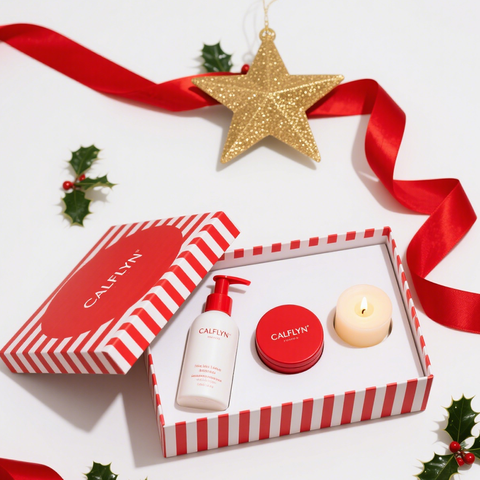 Private Label Christmas Personal Care Gift Set Body Lotion Balm&Candle in Festive Red-White Striped Box OEM Luxury Holiday Gift