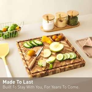 Planche à découper en teck pour cuisine (petite) – Planche de boucher en chevrons avec rainure pour jus et fosse d'angle, planche à charcuterie - Product Image 3