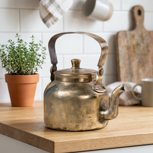 Tetera Redonda de Latón Vintage con Tapa y Asa, Utensilios de Cocina Hechos a Mano en India, Artículos de Latón - Product Image 1