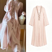 Ensemble deux pièces décontracté chic pour femme : Cardigan ample à col en V, manches longues, orné de sequins et de perles, et robe longue élégante en lin
