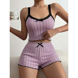 Lace Trim Camisole And Shorts <b>Knit</b> <b>Set</b> Black S Women's Sleepwear - Product Image 5