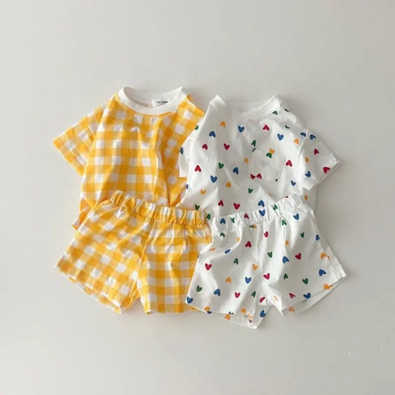 Zomer Koreaanse Babykleding Sets Korte Mouwen Hart Print T-Shirt + Korte Pakken Kinderen Kleding Jongen Kleding Kinderen Outfit