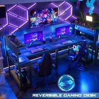 Escritorio pequeño para juegos con tomas de corriente, tablero de clavijas, luz LED, estantes de almacenamiento en forma de L, escritorio de esquina Reversible con ganchos para auriculares
