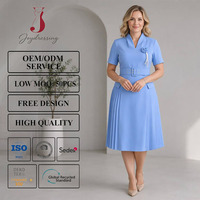 Robe élégante Joydressing bleu ciel à manches courtes, col en V, plissée, mi-longue, avec ceinture, pour femmes, robe de bureau professionnelle pour femmes