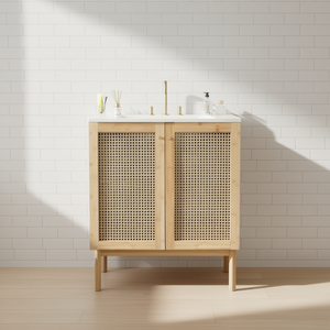 Mueble de Baño de 30 Pulgadas con Materiales Naturales, Puertas de Ratán Hechas a Mano, Diseño Moderno y Minimalista - Product Image 2