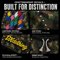 Shorts personnalisés camouflage woodland multicolore avec patch éclair et clous latéraux, en coton épais 300 g/m², ourlet brut et cordon de serrage, pour fabricants de marques