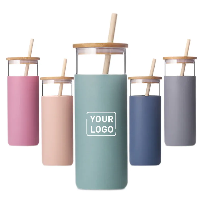 Custom Logo 500ml Glass Water Bottle Straw Silicone Protective Sleeve Bamboo Lid - BPA Free