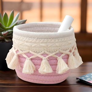 Cesta de Macramé Hecha a Mano de Primera Calidad, Cesta de Almacenamiento Pequeña Tejida con <span class=keywords><strong>Cuerda</strong></span> de Algodón y Flecos para Guardería, Dormitorio, Escritorio, Decoración - Product Image 2