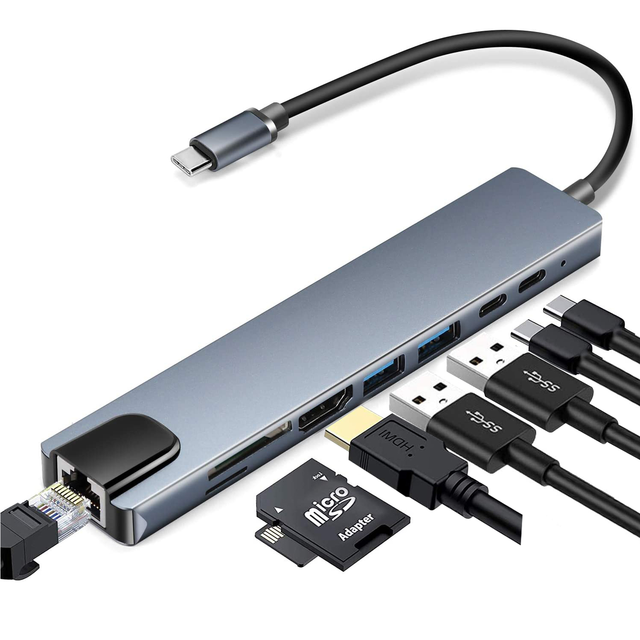 8-Port USB Hub with USB 3.0 USB C Type-C PD Charging Adapter Fast Ethernet Charging Converter SD TF Interface 4K HDTV In-Stock