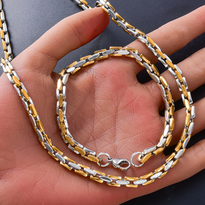 Ensemble collier et bracelet élégant en acier inoxydable plaqué or 18 carats, anti-ternissement, robuste, avec chaîne segmentée double teinte brillante, vente en gros - Product Image 2