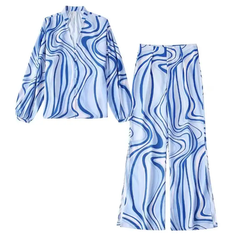 Summer New Damen Leinen Blended Fabric Welliger Print Turn-Down Kragen Shirt Hosenanzug