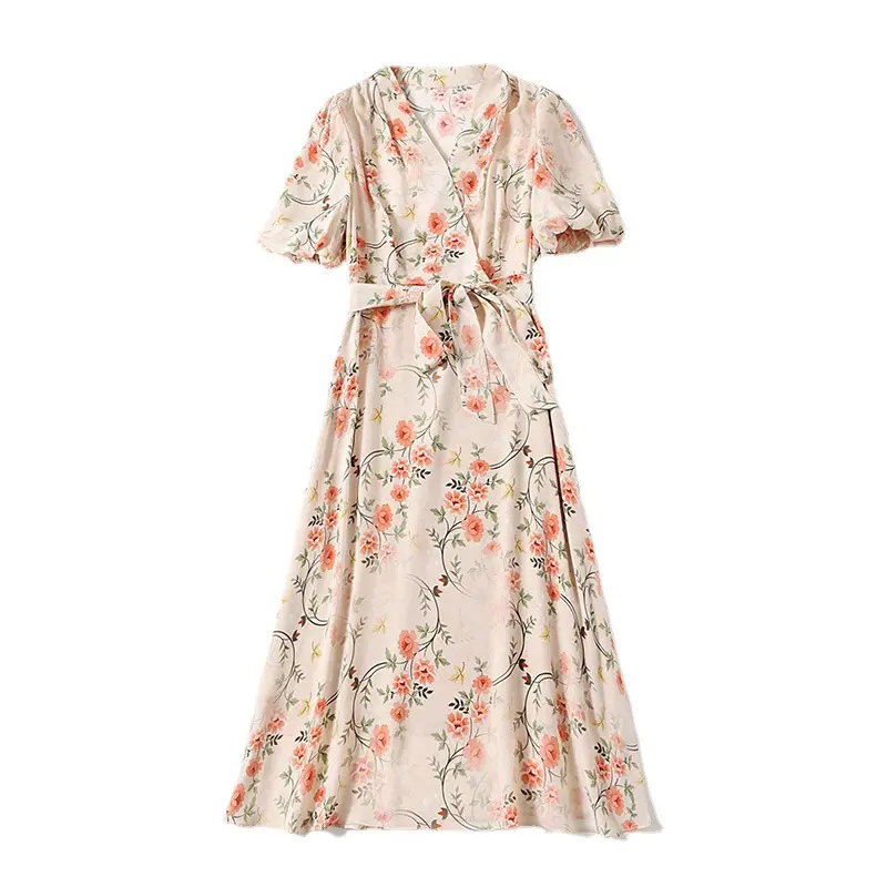 elegant dresses v neck natural silk midi floral printed casual dresses