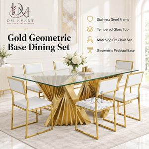 Mesa de Comedor Rectangular de Vidrio y Acero Inoxidable Dorado de Alta Gama con Base Escultural en Forma de Abanico para Proyectos de Banquetes - Product Image 3